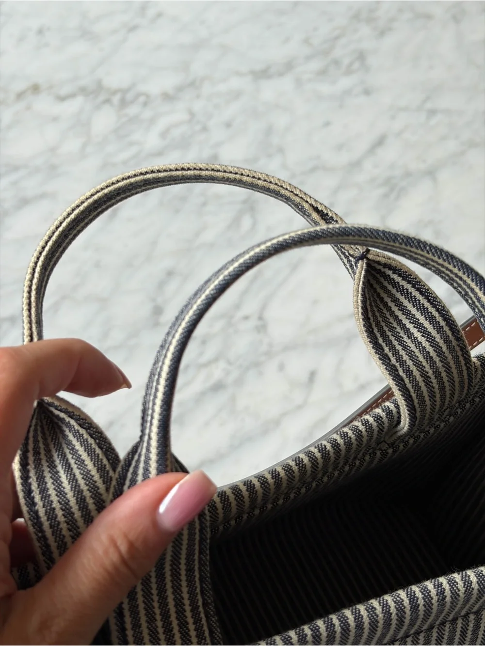 Celine Striped Canvas Calfskin Triomphe Tote in Navy and Brown